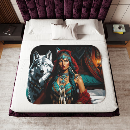 Native American Beauty & White Wolf Sherpa Blanket