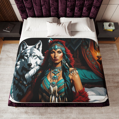 Native American Beauty & White Wolf Sherpa Blanket