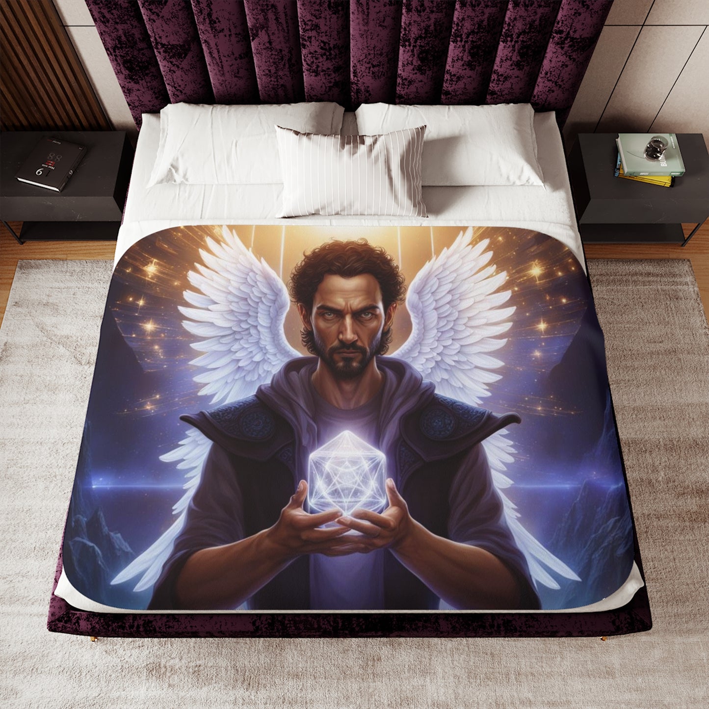 Arch Angel holding Metatron's Cube Sherpa Blanket, Two Colors