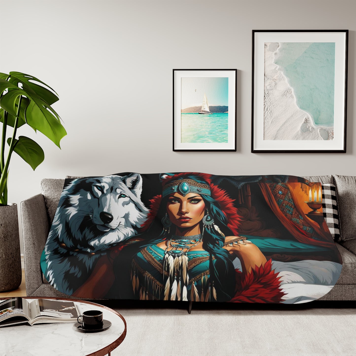 Native American Beauty & White Wolf Sherpa Blanket